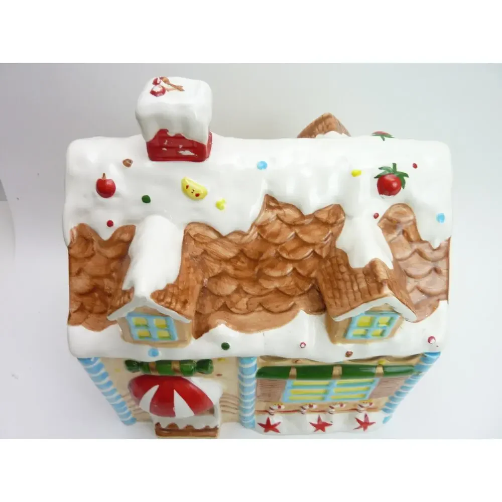 Vintage Gingerbread House Christmas Cookie Jar Ceramic Box with Lid